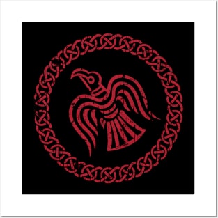 raven of odin viking knotwork Red Distressed Posters and Art